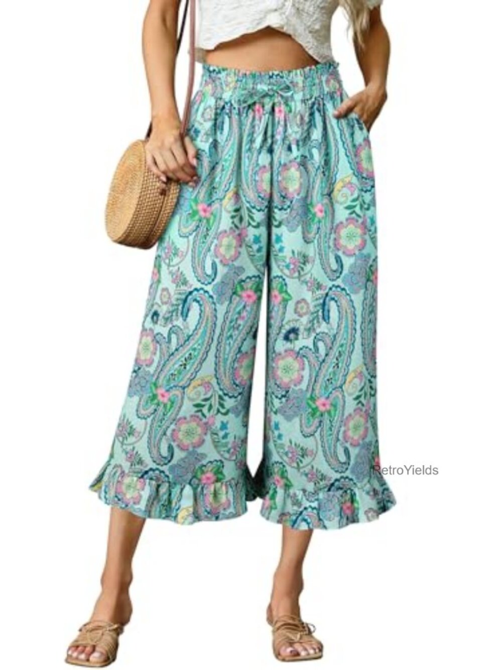 Womens Wide Leg Palazzo Capri Pants Flowy Cropped Boho Summer Casual